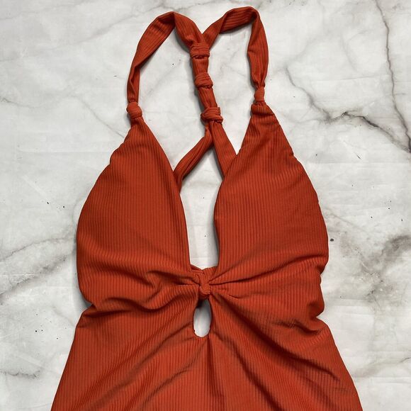 Bar III Like Knot One-Piece Swimsuit L Cinnamon Burnt Orange Ribbed Halter New - Picture 3 of 6